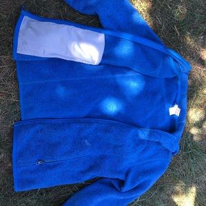 Blue fleece jacket.
